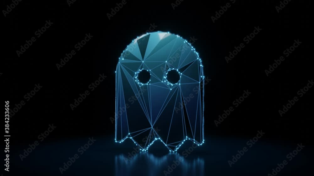 Poster 3d rendering 4k fly through wireframe neon glowing symbol of ghost with bright dots on dark backgrou