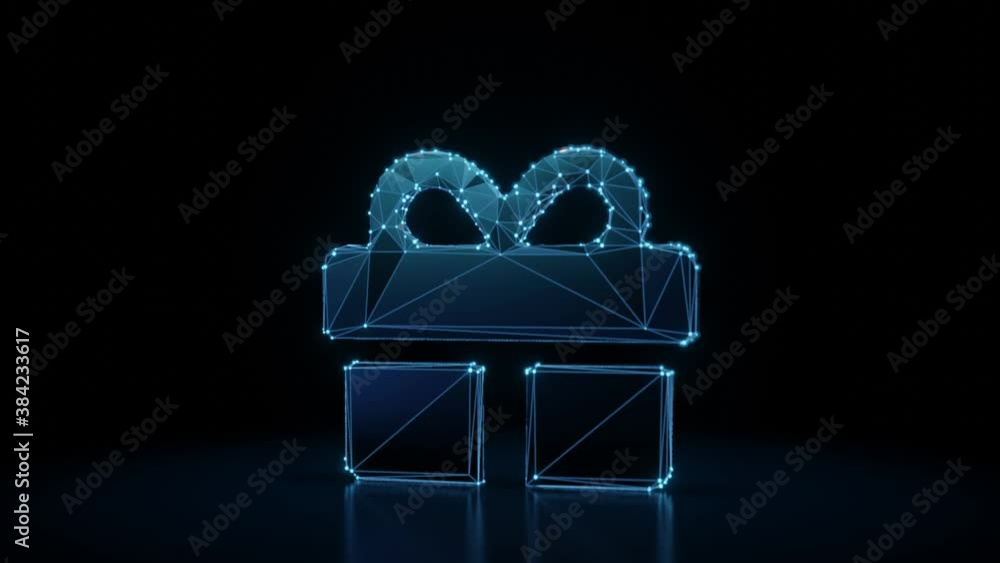 Poster 3d rendering 4k fly through wireframe neon glowing symbol of gift with bow with bright dots on dark 