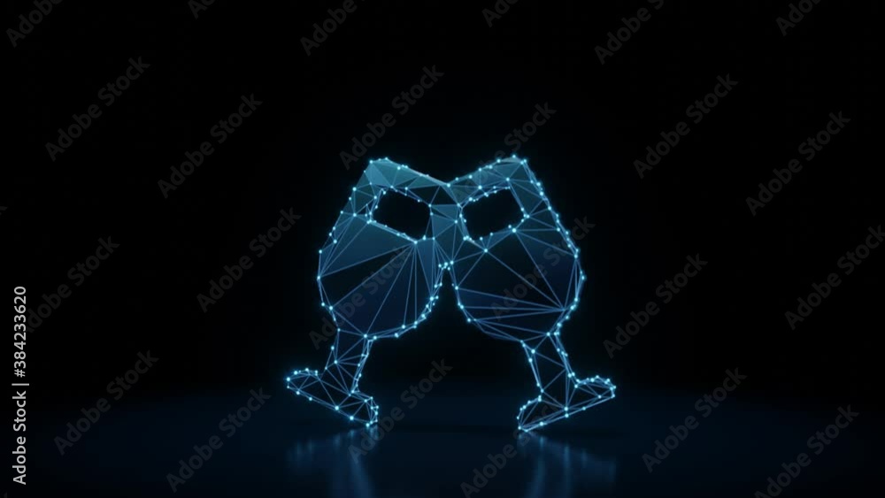 Poster 3d rendering 4k fly through wireframe neon glowing symbol of two wine glass in cheers gesture with b