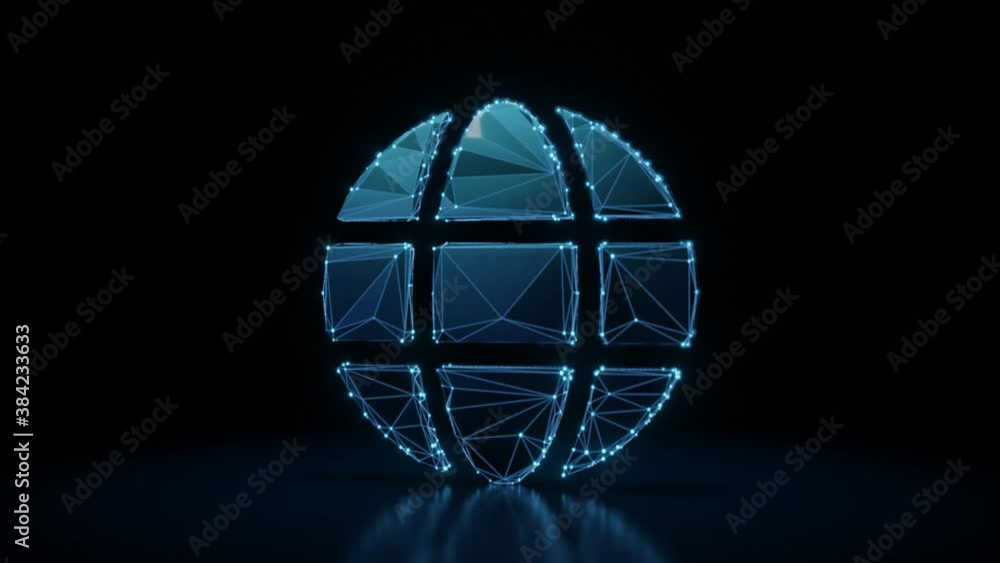Poster 3d rendering 4k fly through wireframe neon glowing symbol of geographic globe with bright dots on da