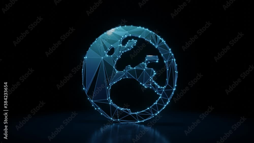 Poster 3d rendering 4k fly through wireframe neon glowing symbol of globe europe continent with bright dots