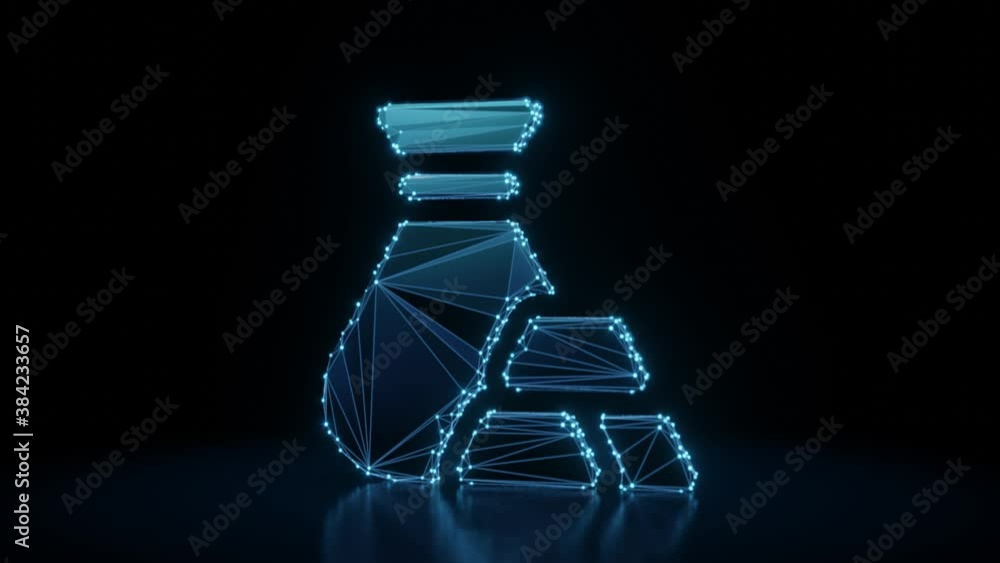 Poster 3d rendering 4k fly through wireframe neon glowing symbol of money bag and gold ingots with bright d