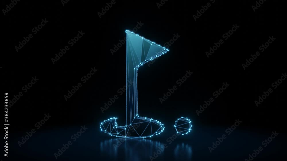 Poster 3d rendering 4k fly through wireframe neon glowing symbol of golf hole with flag and ball with brigh