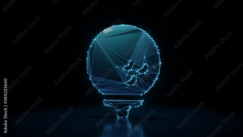 Poster 3d rendering 4k fly through wireframe neon glowing symbol of golf ball on stand with bright dots on 