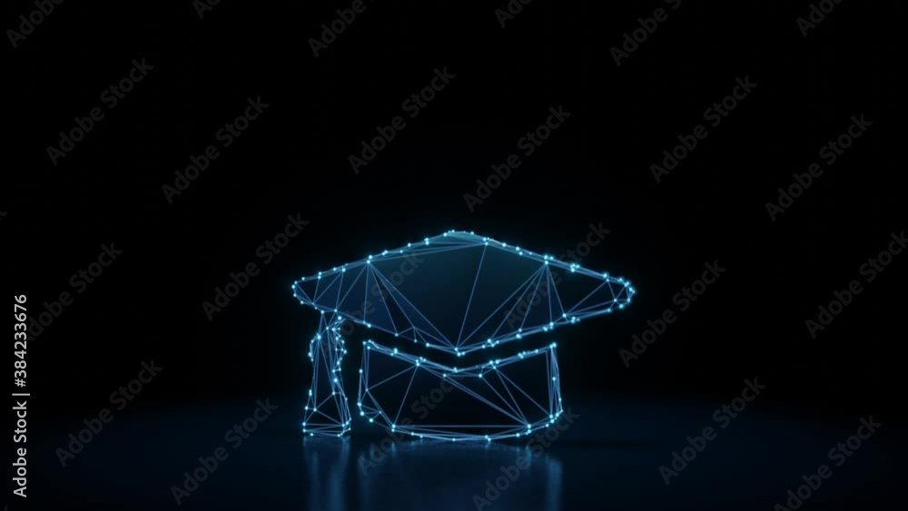 Poster 3d rendering 4k fly through wireframe neon glowing symbol of graduation cap with bright dots on dark