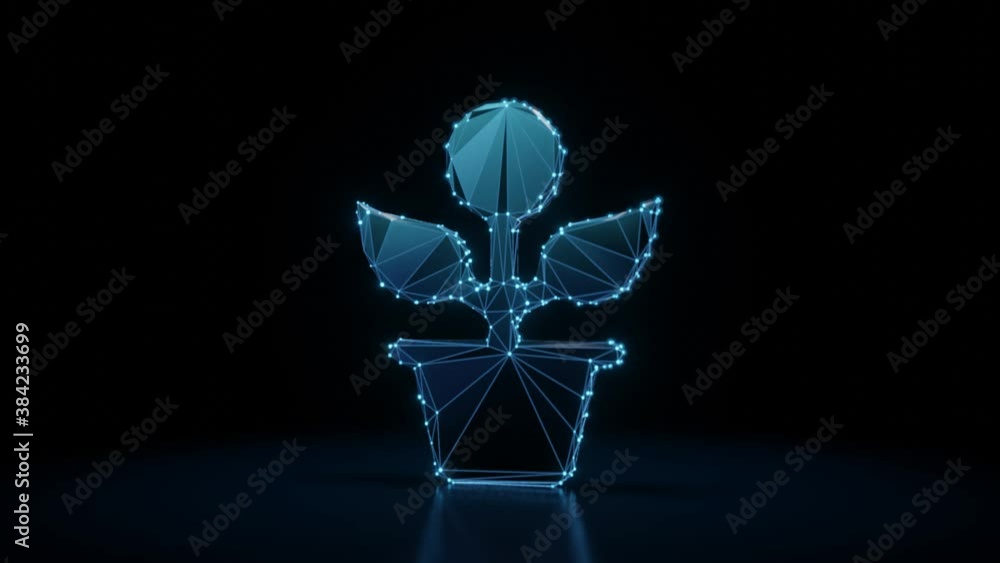 Poster 3d rendering 4k fly through wireframe neon glowing symbol of plant in pot with bright dots on dark b