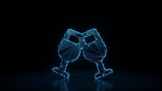 3d rendering 4k fly through wireframe neon glowing symbol of two wine glass in cheers gesture with bright dots on dark background with blured reflection on floor