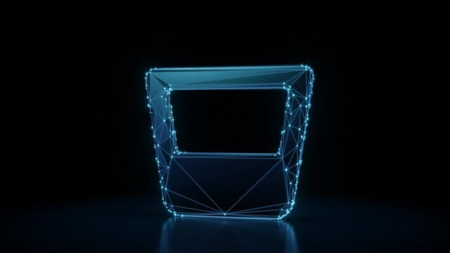 3d rendering 4k fly through wireframe neon glowing symbol of whiskey glass with liquid with bright dots on dark background with blured reflection on floor
