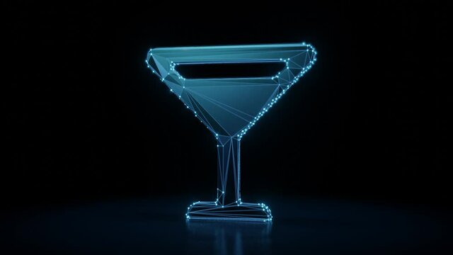 3d rendering 4k fly through wireframe neon glowing symbol of full martini glass with bright dots on dark background with blured reflection on floor