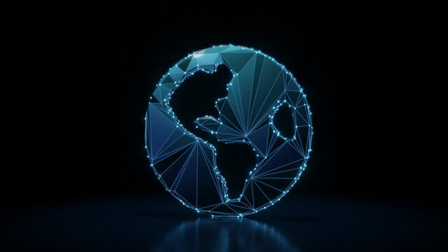 3d rendering 4k fly through wireframe neon glowing symbol of globe Americas continents with bright dots on dark background with blured reflection on floor