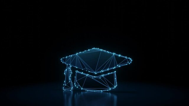 3d rendering 4k fly through wireframe neon glowing symbol of graduation cap with bright dots on dark background with blured reflection on floor