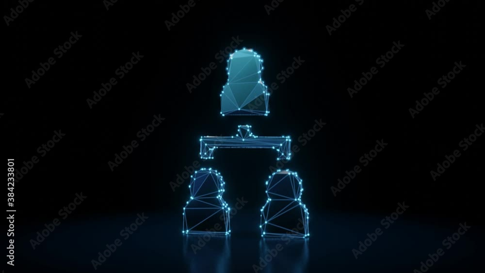 Poster 3d rendering 4k fly through wireframe neon glowing symbol of hierarchical structure of four people w