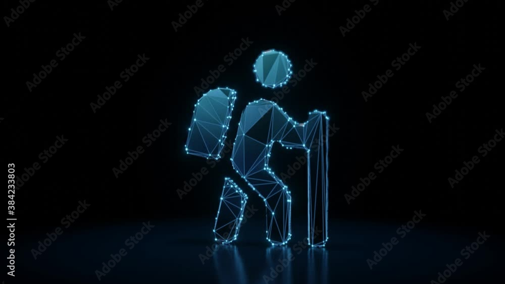 Poster 3d rendering 4k fly through wireframe neon glowing symbol of hiking person with bright dots on dark 