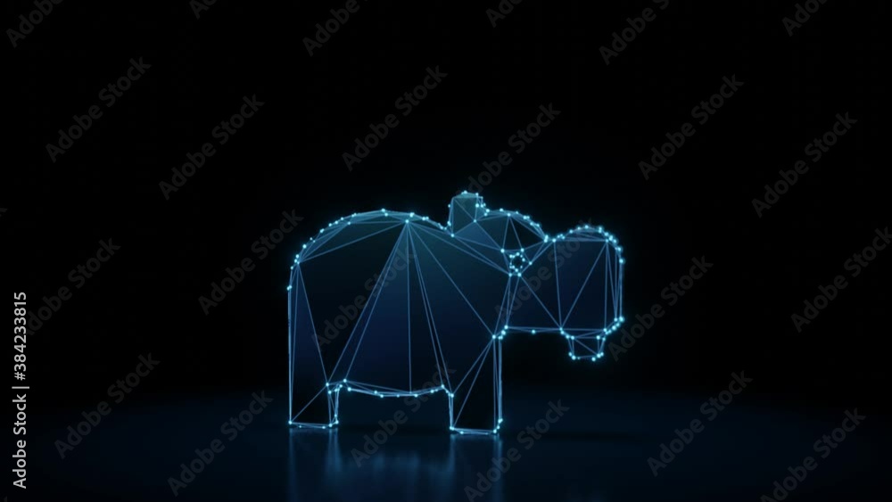 Aufkleber 3d rendering 4k fly through wireframe neon glowing symbol of hippo from profile with bright dots on 
