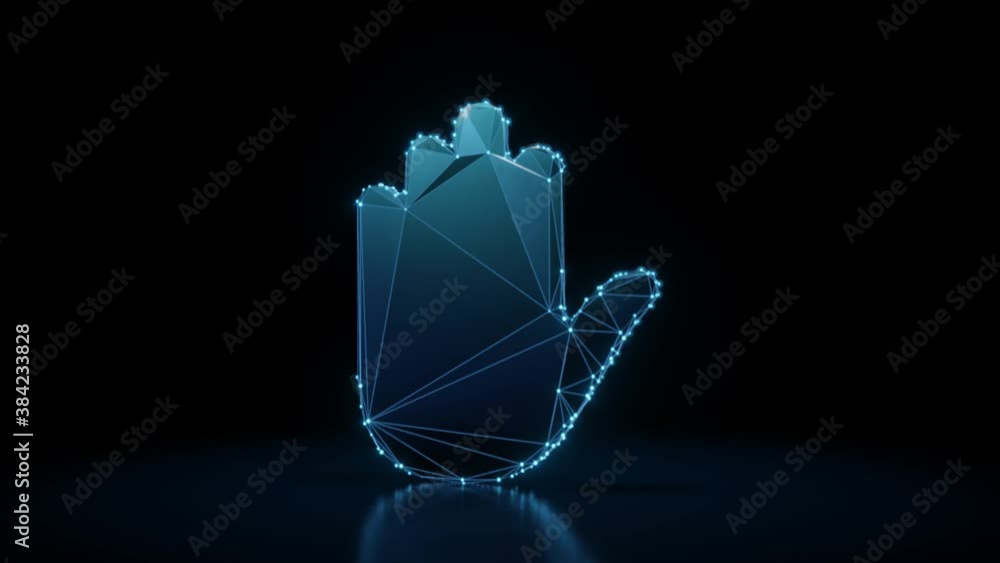 Poster 3d rendering 4k fly through wireframe neon glowing symbol of hand with bright dots on dark backgroun