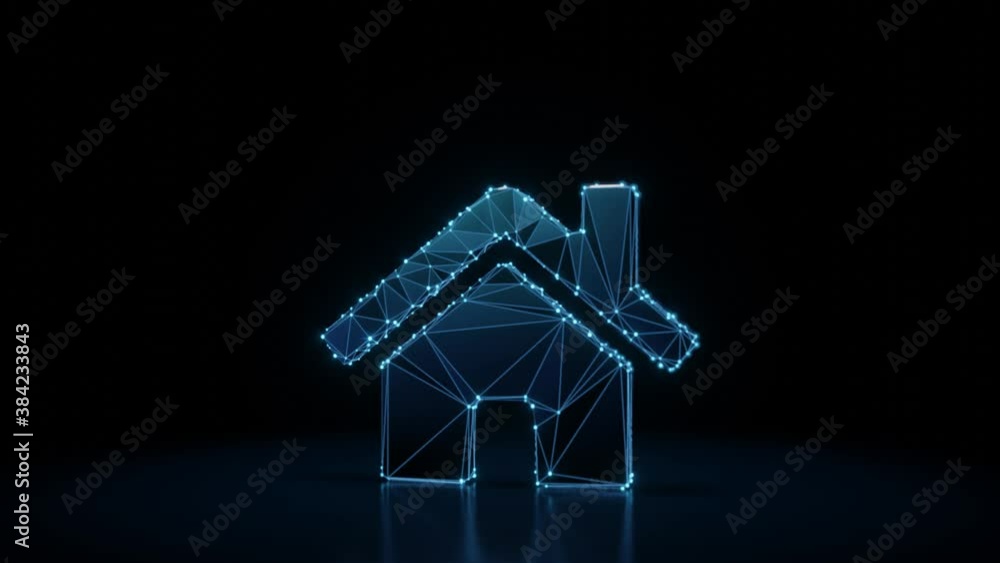 Poster 3d rendering 4k fly through wireframe neon glowing symbol of home with door and chimney with bright 