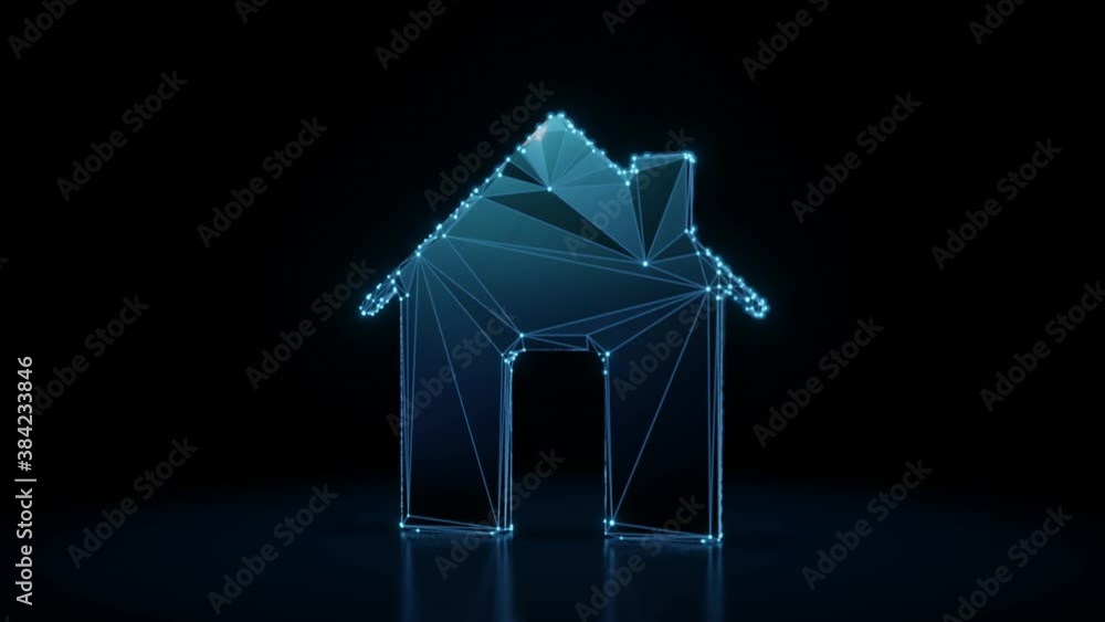 Poster 3d rendering 4k fly through wireframe neon glowing symbol of home with big door and chimney with bri