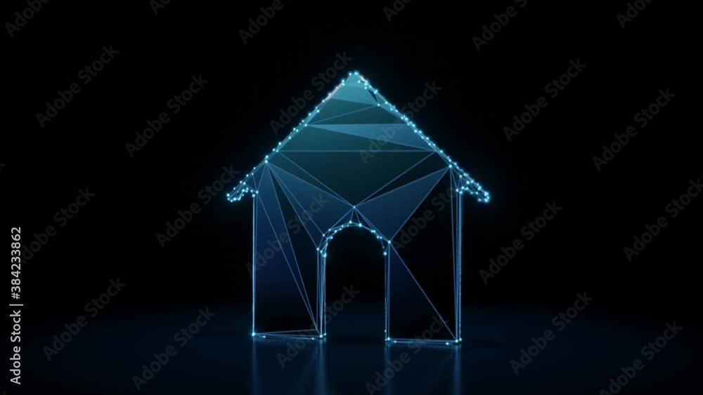 Poster 3d rendering 4k fly through wireframe neon glowing symbol of home with door with bright dots on dark