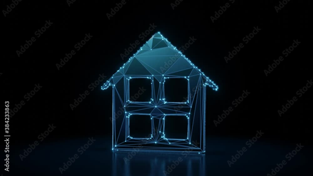 Aufkleber 3d rendering 4k fly through wireframe neon glowing symbol of home with four windows with bright dots