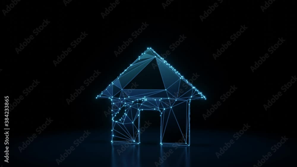 Poster 3d rendering 4k fly through wireframe neon glowing symbol of home with door with bright dots on dark