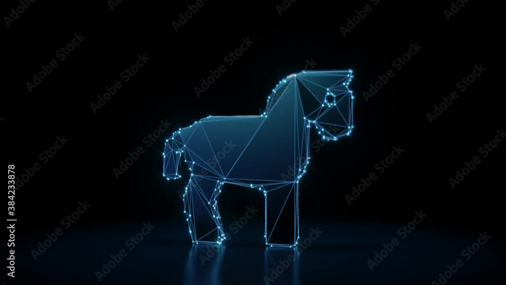 Poster 3d rendering 4k fly through wireframe neon glowing symbol of horse from profile with bright dots on 