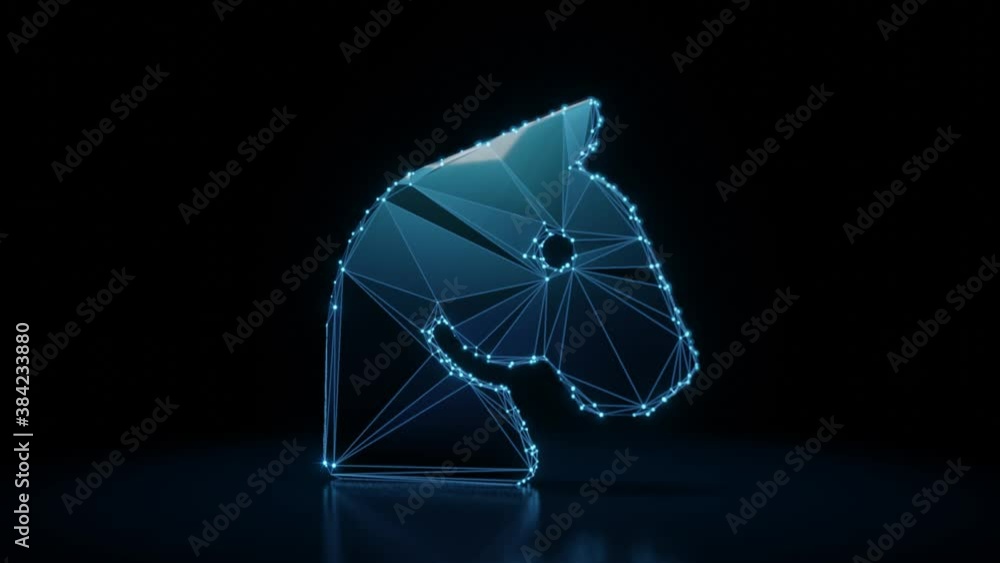 Poster 3d rendering 4k fly through wireframe neon glowing symbol of horse head with bright dots on dark bac