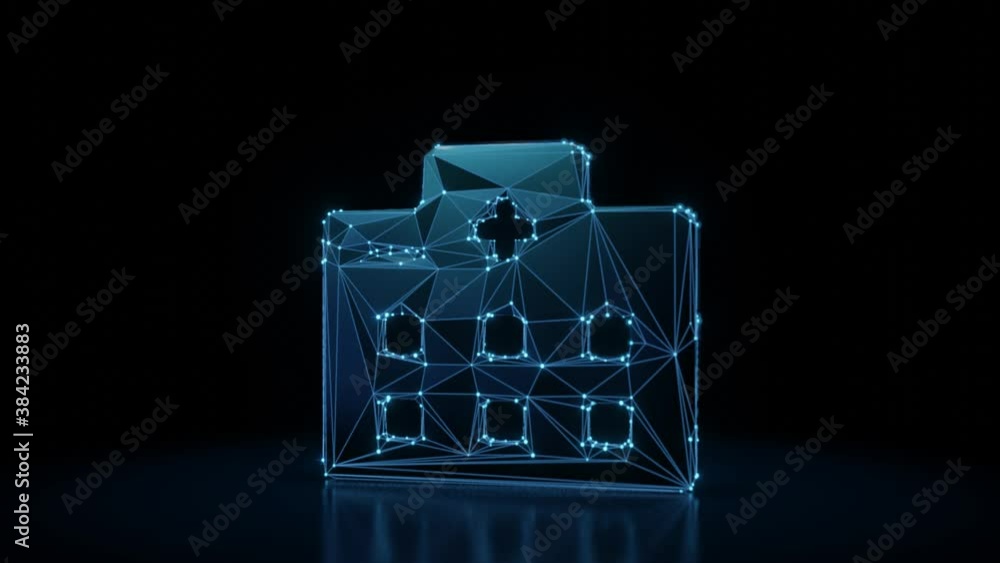 Poster 3d rendering 4k fly through wireframe neon glowing symbol of hospital building with cross with brigh