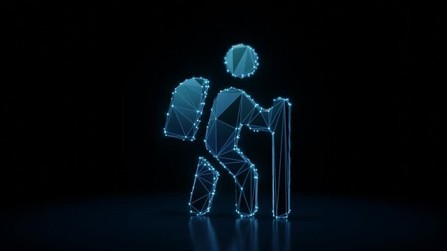 3d rendering 4k fly through wireframe neon glowing symbol of hiking person with bright dots on dark background with blured reflection on floor