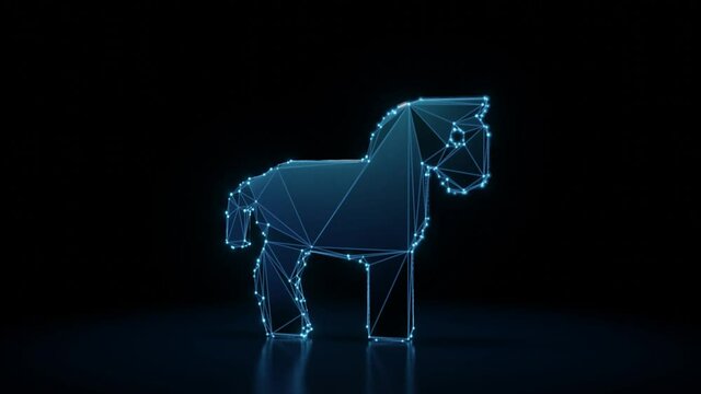 3d rendering 4k fly through wireframe neon glowing symbol of horse from profile with bright dots on dark background with blured reflection on floor