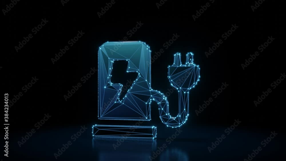 Poster 3d rendering 4k fly through wireframe neon glowing symbol of charging station with flash symbol with