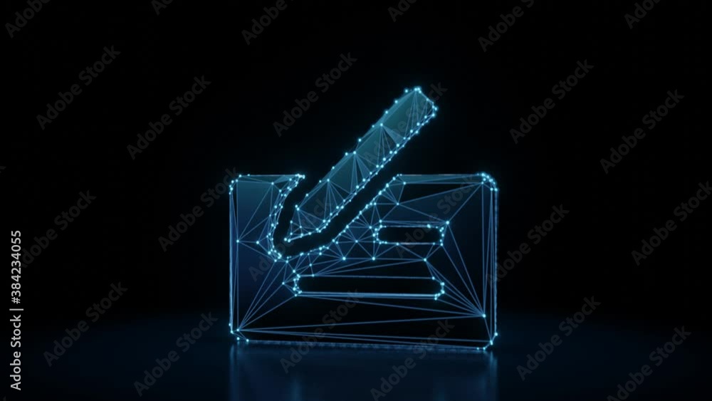 Poster 3d rendering 4k fly through wireframe neon glowing symbol of bank cheque with pen with bright dots o