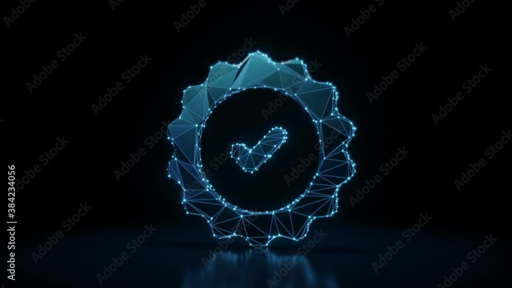 Poster 3d rendering 4k fly through wireframe neon glowing symbol of check mark in gear circle with bright d