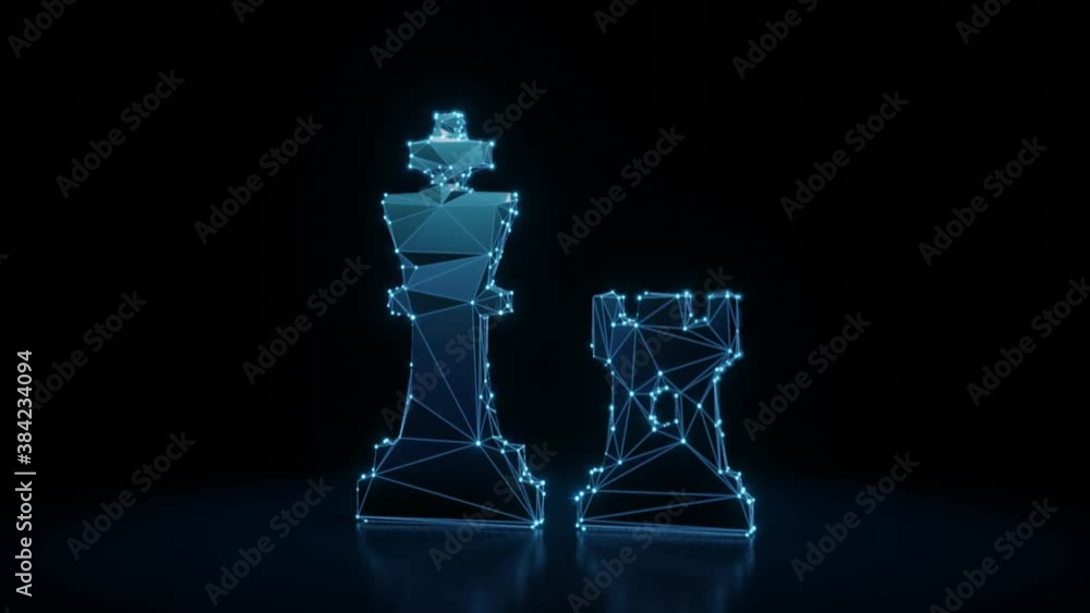Poster 3d rendering 4k fly through wireframe neon glowing symbol of chess king and rook figures with bright