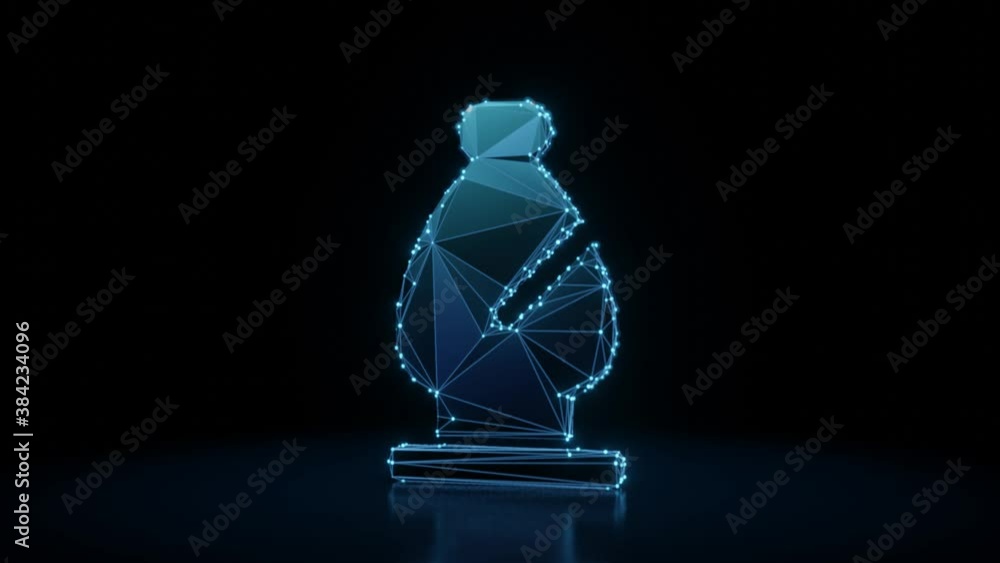 Poster 3d rendering 4k fly through wireframe neon glowing symbol of chess bishop figure with bright dots on