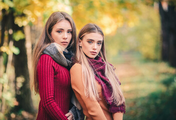 Fototapeta premium Two young beautiful women in autumn clothes on a background of foliage.