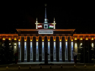 Tiraspol, Transdniester, 1 September 2017. Illuminated House of Soviets by night.