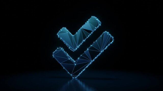 3d rendering 4k fly through wireframe neon glowing symbol of double check mark with bright dots on dark background with blured reflection on floor
