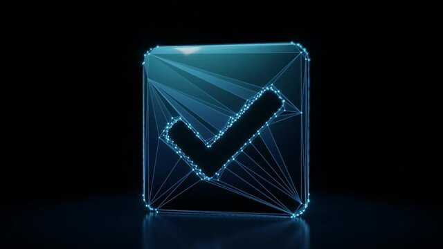 3d rendering 4k fly through wireframe neon glowing symbol of check mark in rounded square with bright dots on dark background with blured reflection on floor