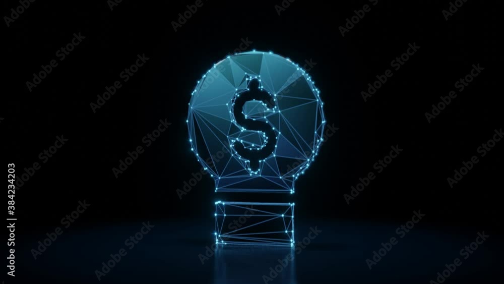 Poster 3d rendering 4k fly through wireframe neon glowing symbol of bulb with dollar symbol inside with bri