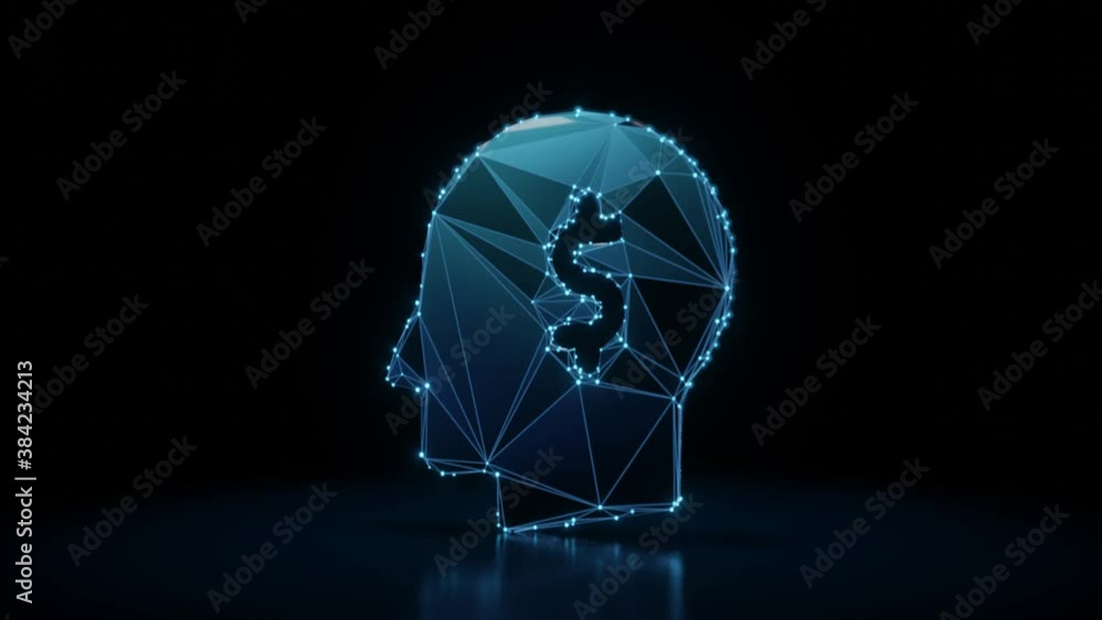 Poster 3d rendering 4k fly through wireframe neon glowing symbol of head silhouette with dollar symbol insi