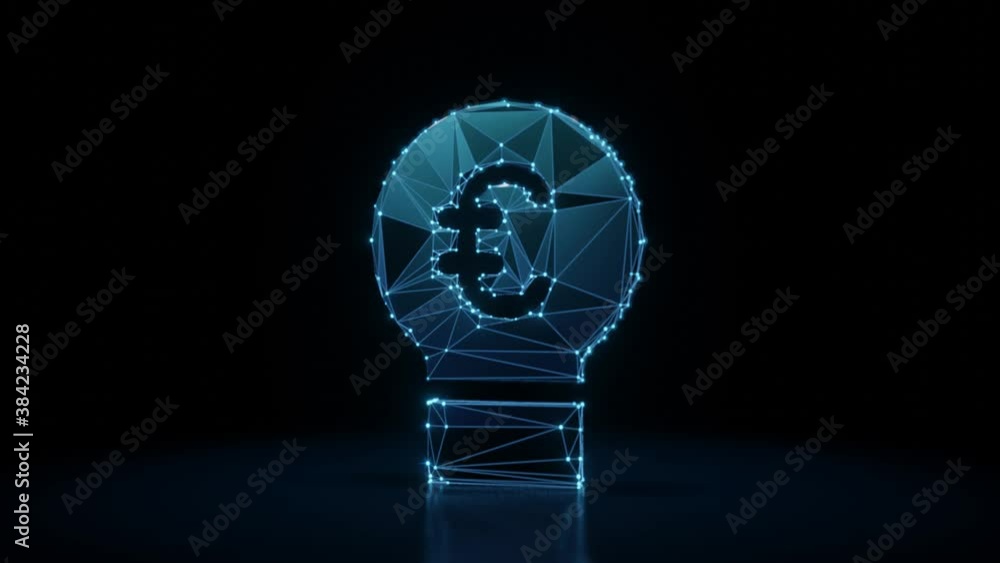 Poster 3d rendering 4k fly through wireframe neon glowing symbol of bulb with euro symbol inside with brigh