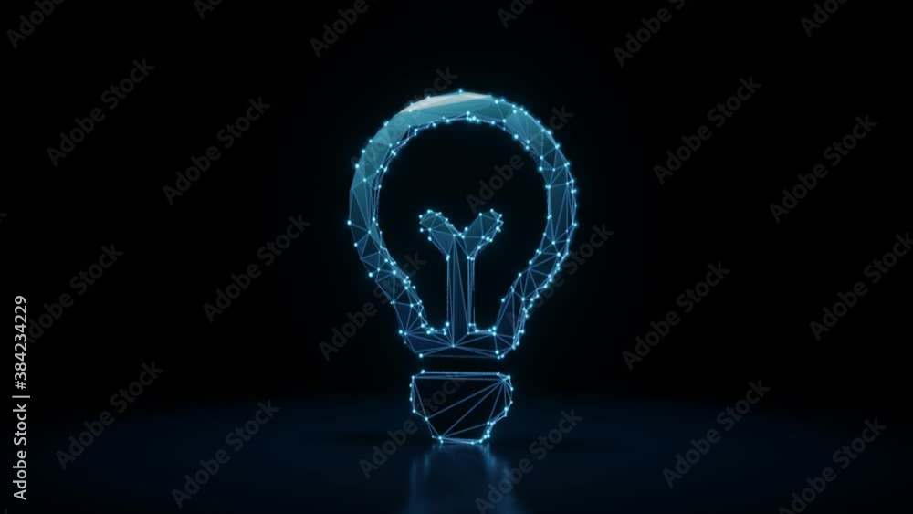 Poster 3d rendering 4k fly through wireframe neon glowing symbol of bulb with bright dots on dark backgroun