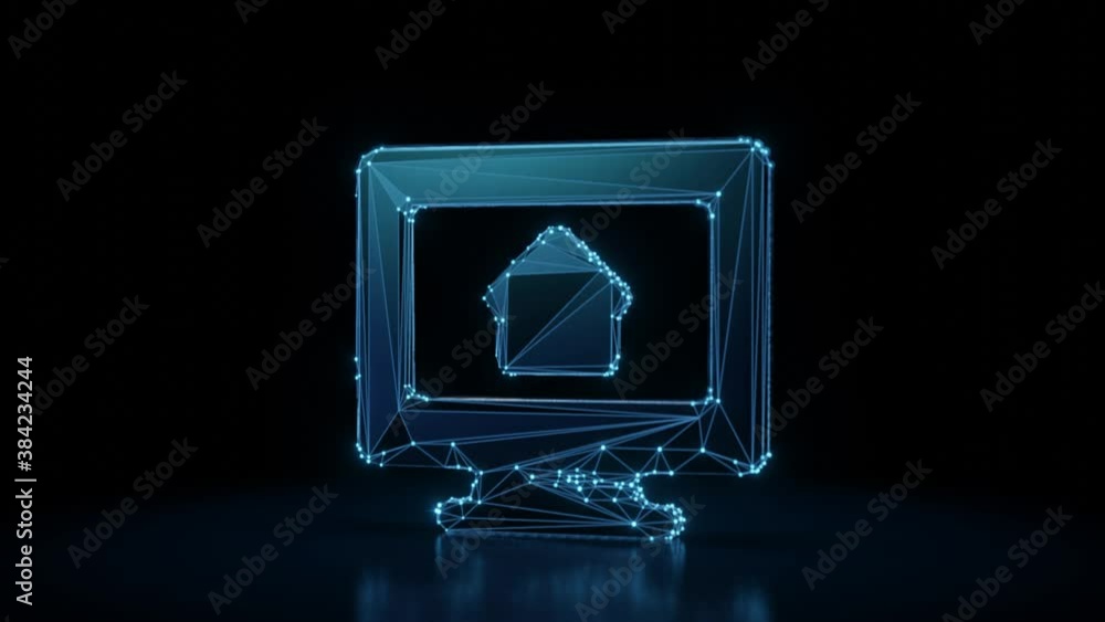 Poster 3d rendering 4k fly through wireframe neon glowing symbol of monitor with house on screen with brigh