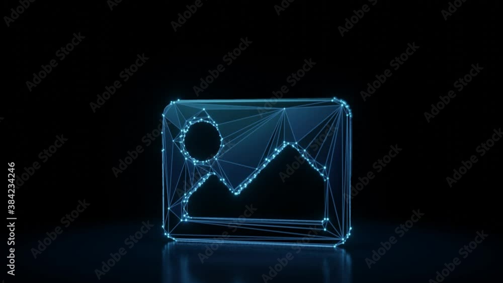 Poster 3d rendering 4k fly through wireframe neon glowing symbol of picture with mountains and sun with bri