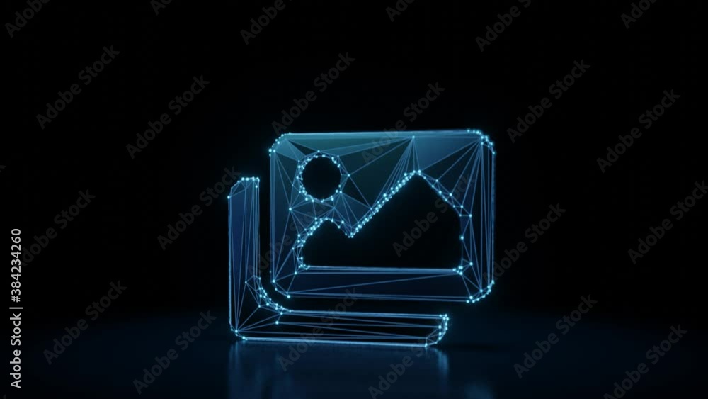 Poster 3d rendering 4k fly through wireframe neon glowing symbol of two pictures with landscape with bright