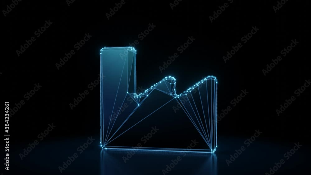 Poster 3d rendering 4k fly through wireframe neon glowing symbol of factory building with bright dots on da