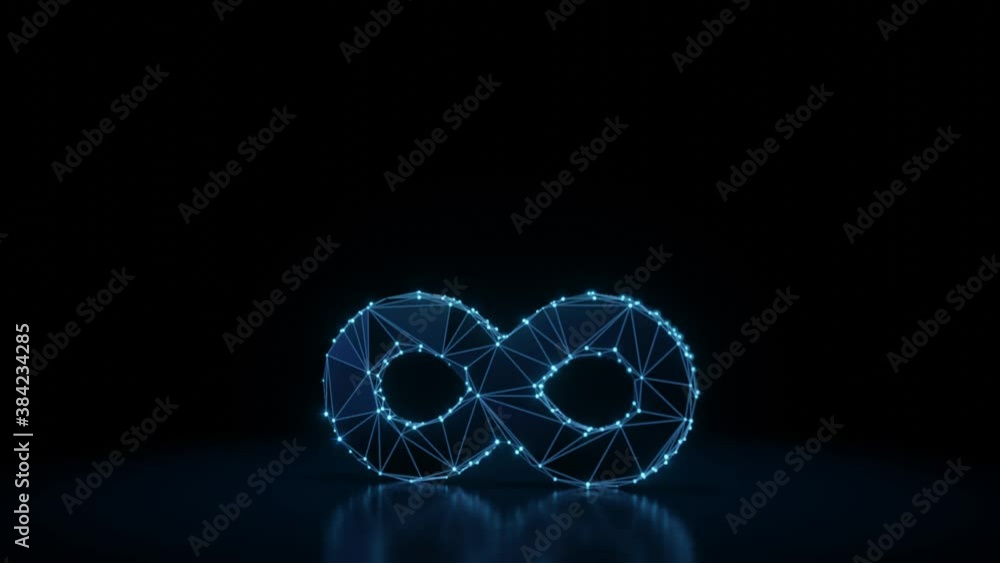 Poster 3d rendering 4k fly through wireframe neon glowing symbol of infinity sign with bright dots on dark 