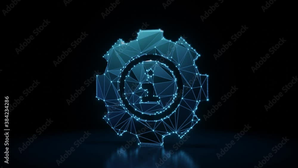 Poster 3d rendering 4k fly through wireframe neon glowing symbol of gear with information symbol inside wit