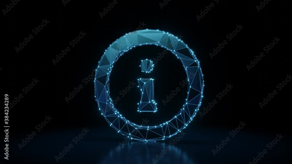 Poster 3d rendering 4k fly through wireframe neon glowing symbol of information sign in circle with bright 