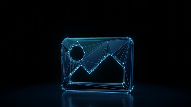 3d rendering 4k fly through wireframe neon glowing symbol of picture with mountains and sun with bright dots on dark background with blured reflection on floor